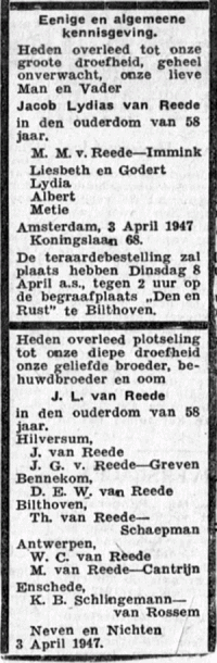 Overlijdensberichten J.L. van Reede (1947)
